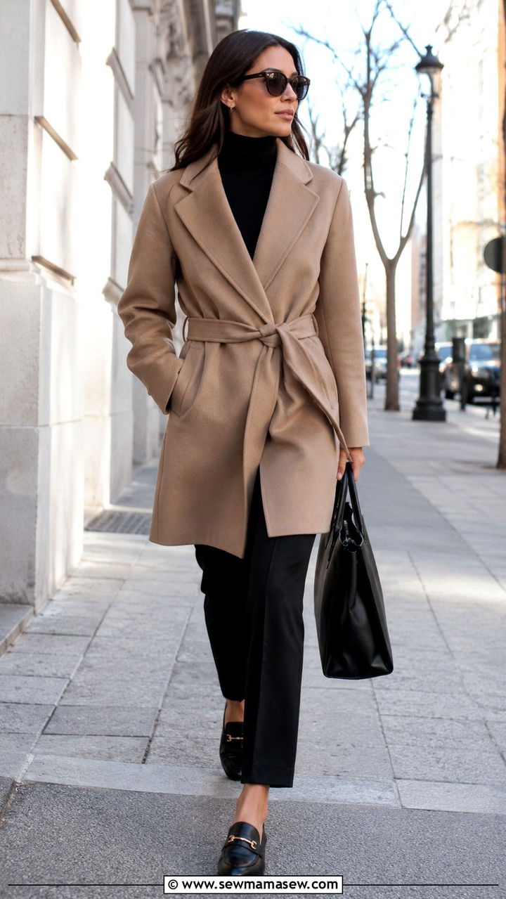 Camel Wrap Coat Outfit with a Black Turtleneck and Trousers - 30 Quiet luxury spring outfits