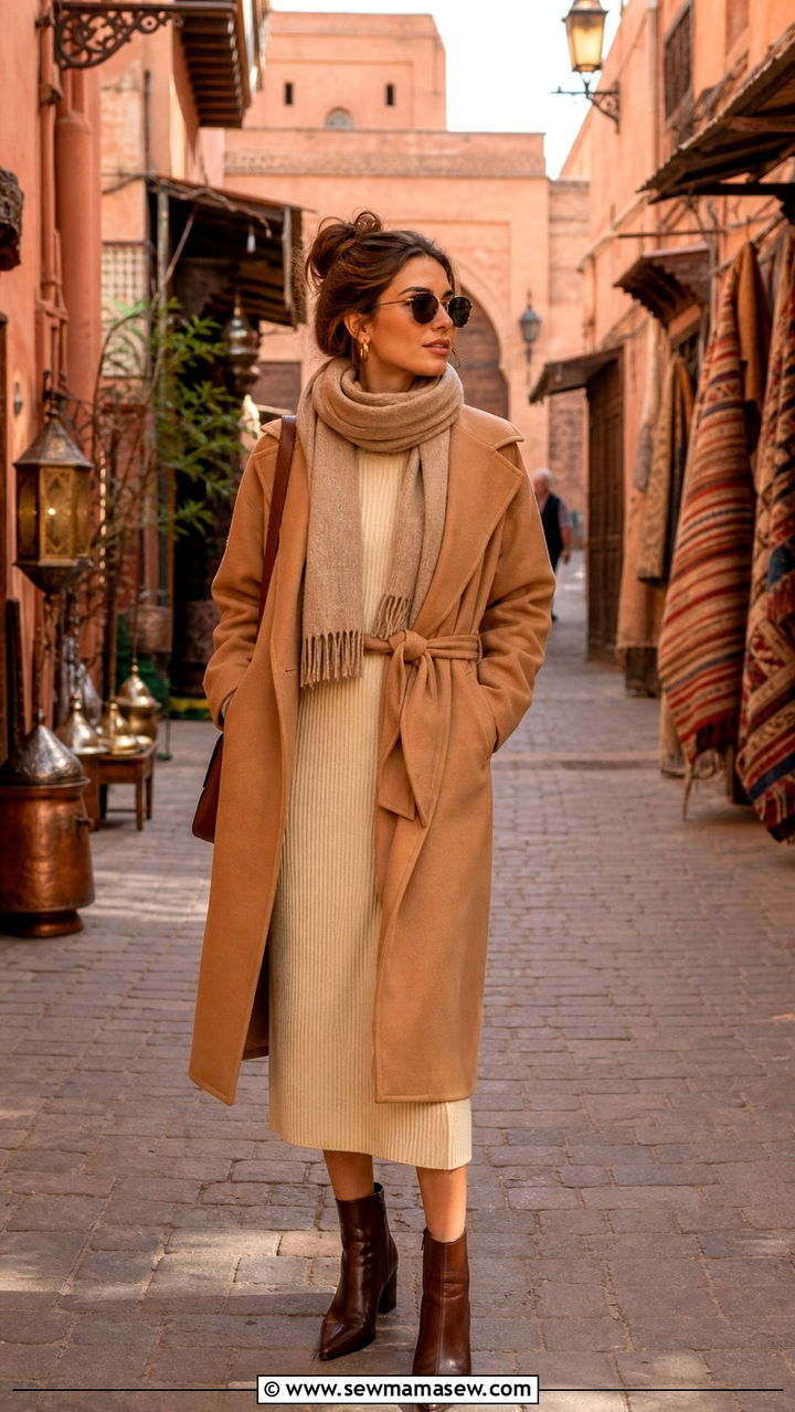 Camel Wrap Coat Over A Cream Knit Midi Dress With Ankle Boots - 40 Marrakech outfit ideas