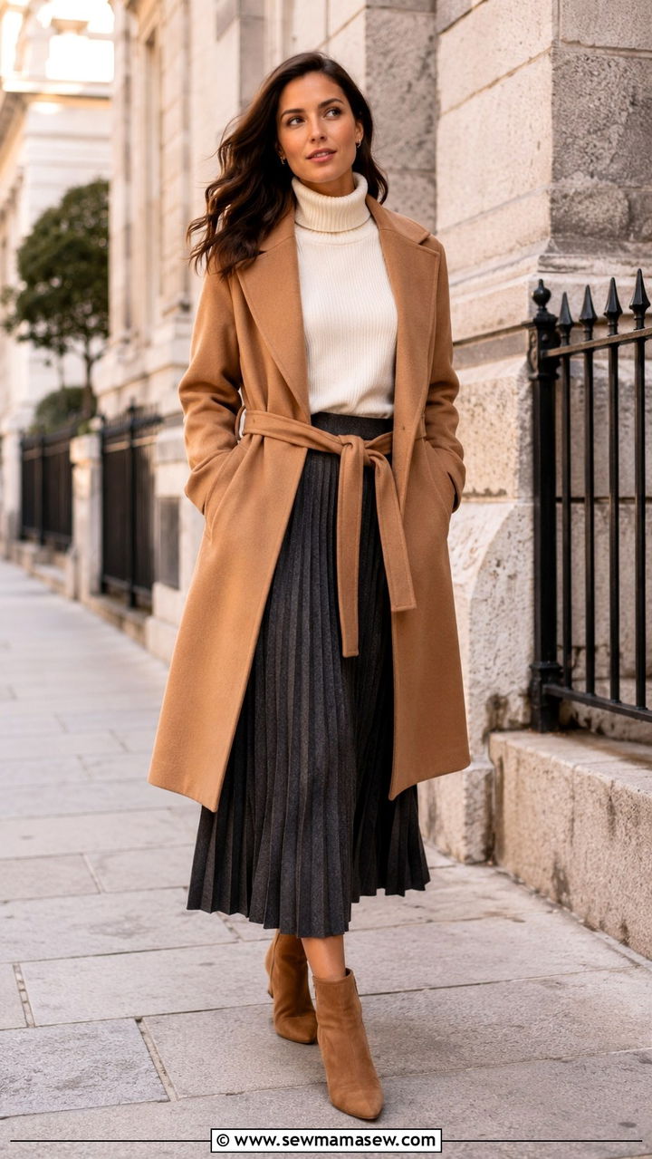 Camel Wrap Coat With A Fine Knit Turtleneck And Pleated Midi Skirt - 30 transitional neutral outfit ideas