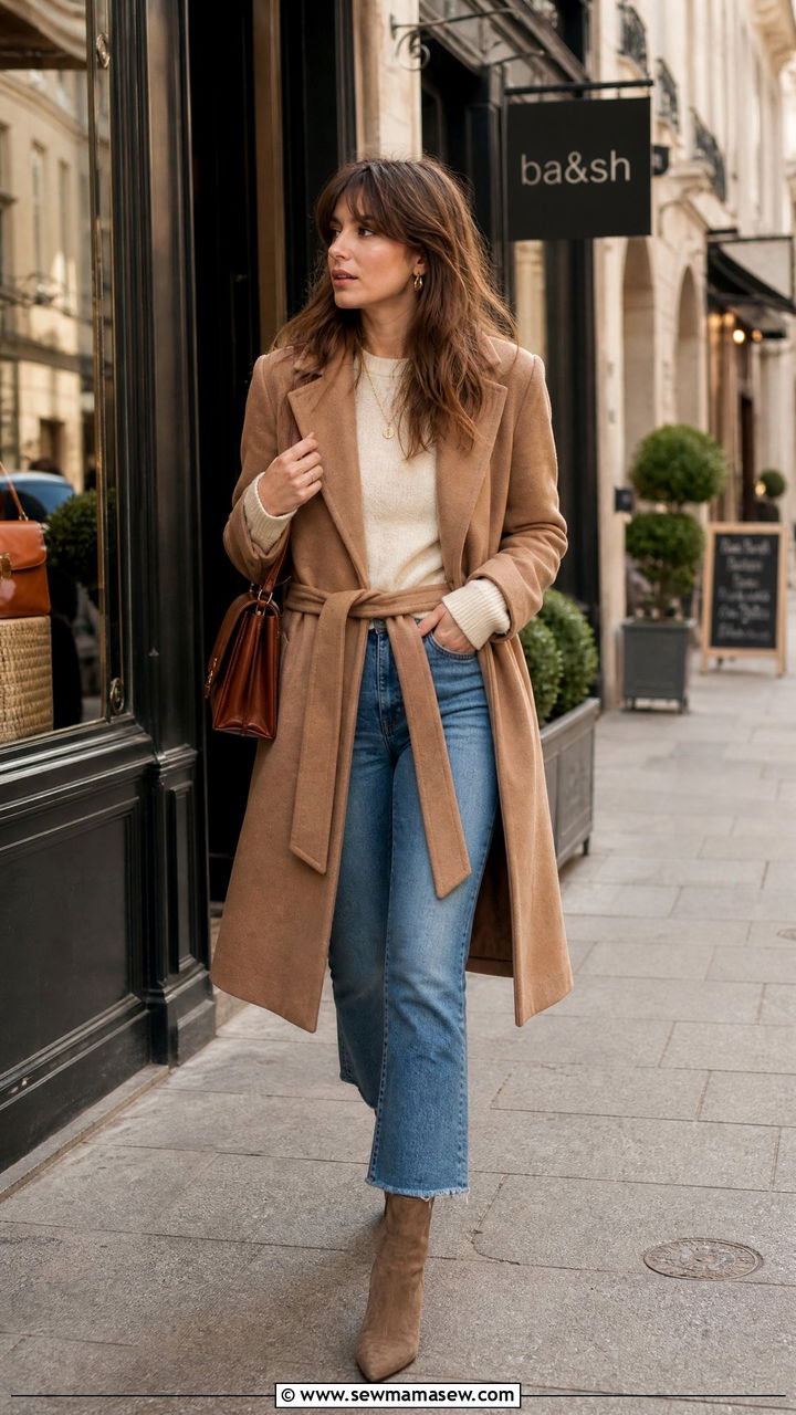 Camel Wrap Coat With a Cashmere Crewneck and Cropped Flare Jeans - 30 French girl outfits 2026