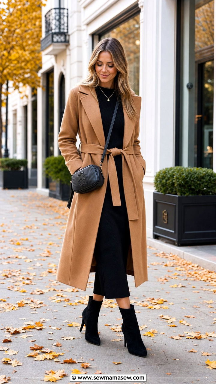 Camel Wrap Coat and Black Knit Midi Dress Work Outfit - 25 Stealth wealth outfit ideas for work