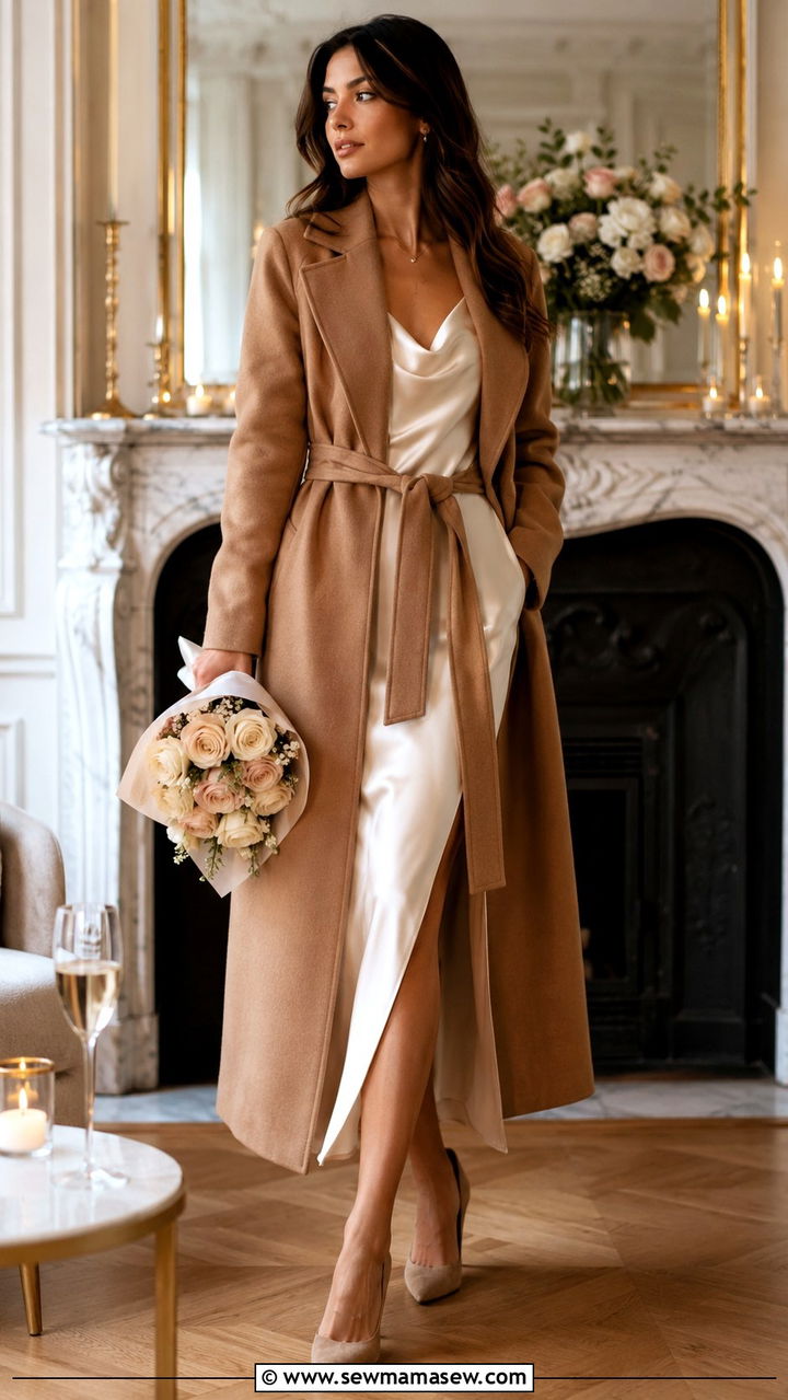 Camel Wrap Coat and Ivory Slip Dress Outfit - 30 Quiet luxury wardrobe essentials