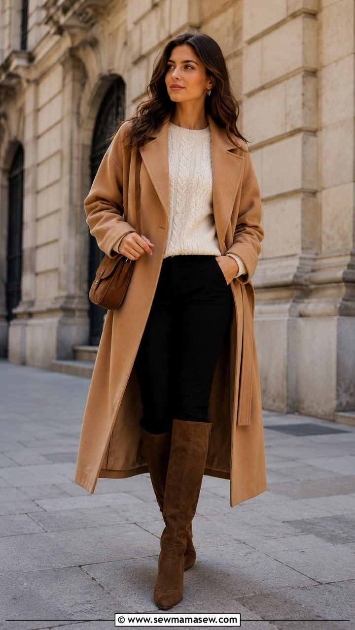 Camel Wrap Coat with Brown Knee High Boots - 20 Old money outfit ideas Meghan Markle