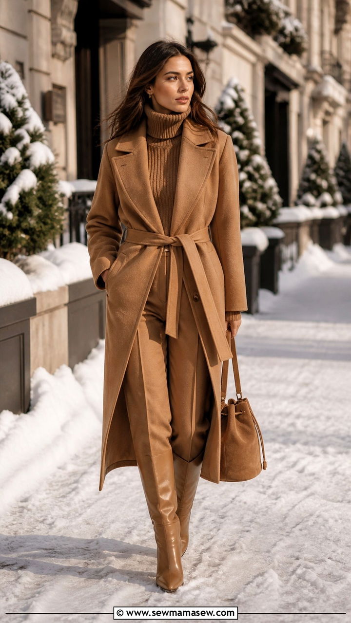 Camel belted coat and camel knit sweater outfit - 40 Monochromatic outfit ideas
