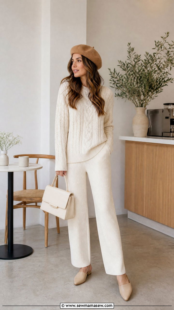 Camel beret with a cream knit set - 35 Beret outfit ideas