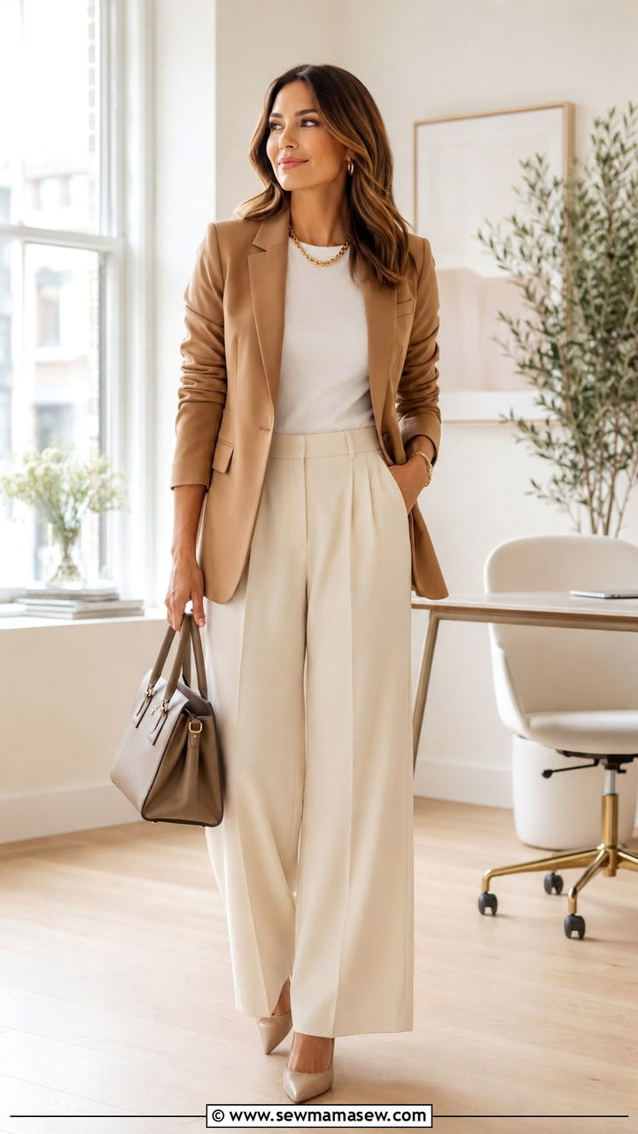 Camel blazer and cream trousers work outfit - 25 Work outfit ideas for Monday