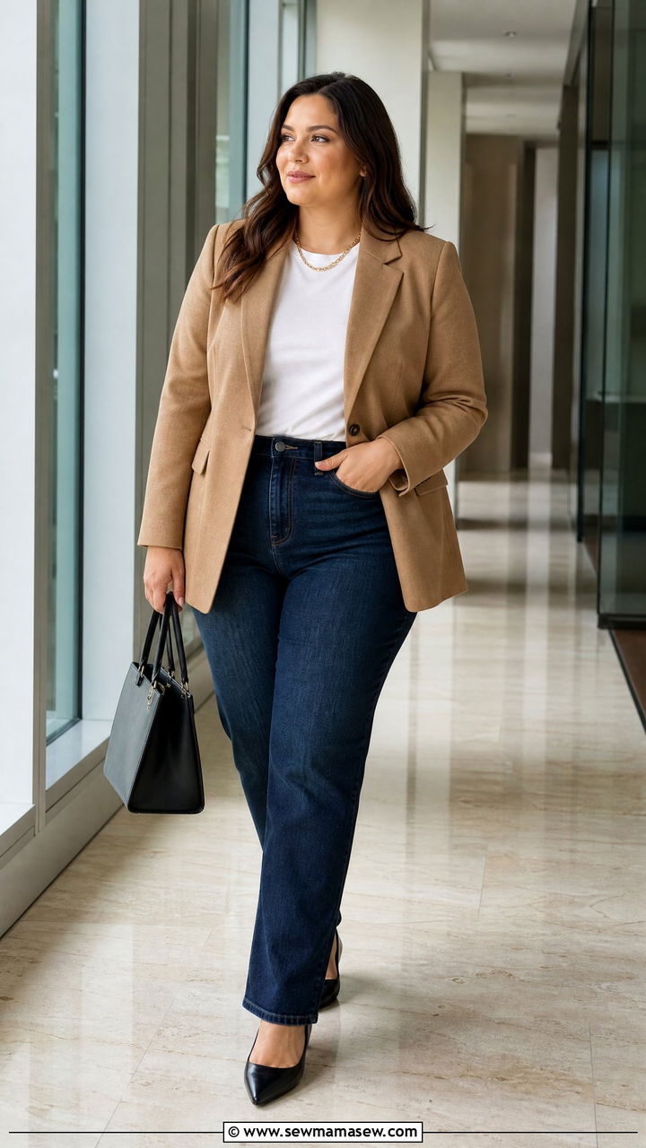 Camel blazer with a white tee and dark wash jeans - 30 Clean girl outfit ideas plus size