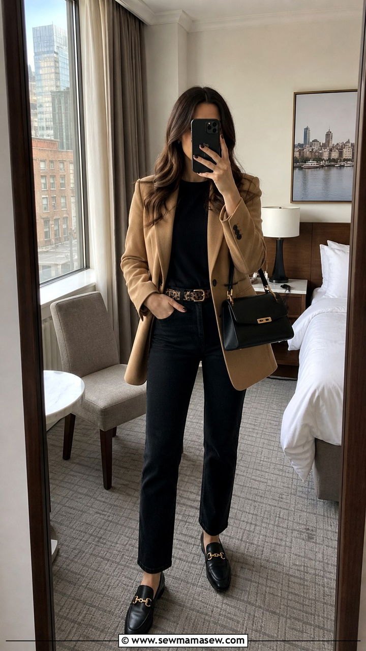 Camel blazer with black jeans and loafers - 40 What to wear in Boston