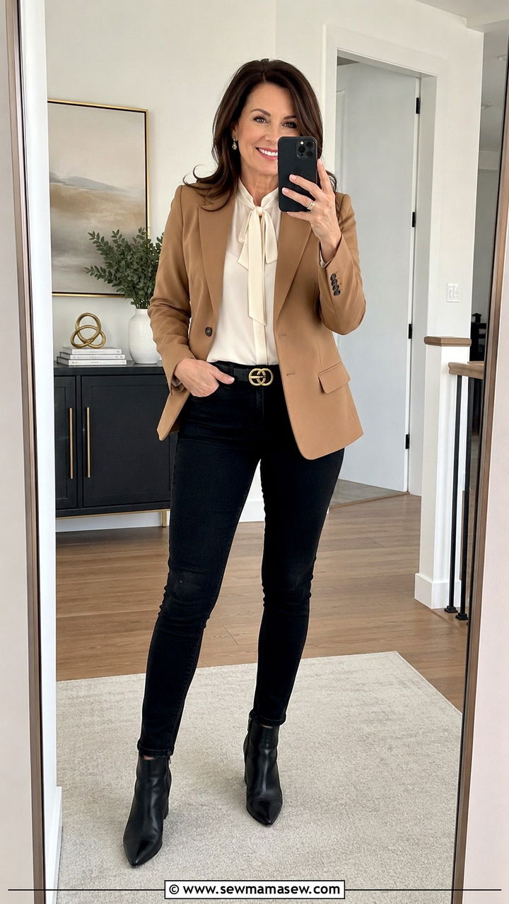 Camel blazer with black jeans - 20 Jeans and blazer outfit ideas over 40