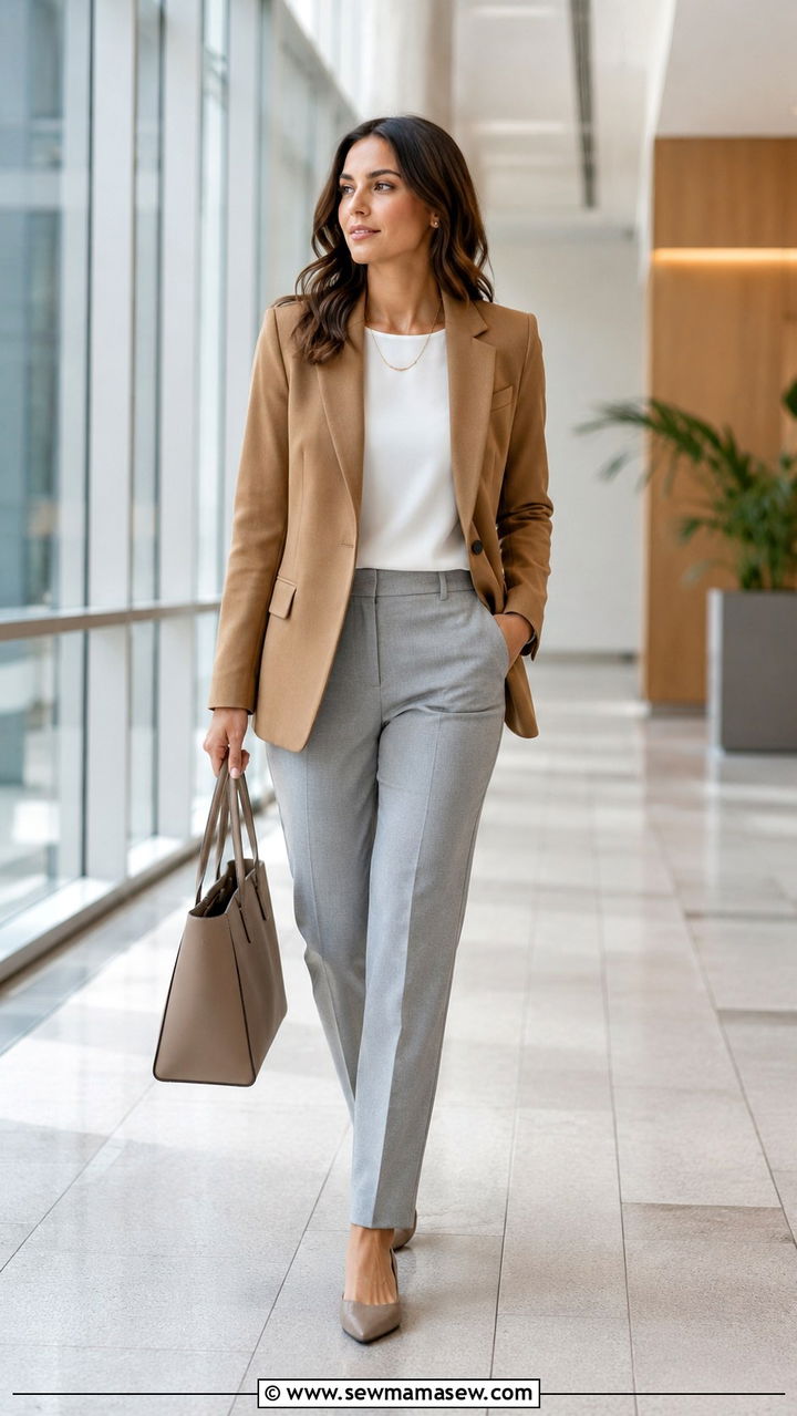 Camel blazer with grey trousers work outfit - 25 Paralegal outfit ideas for women