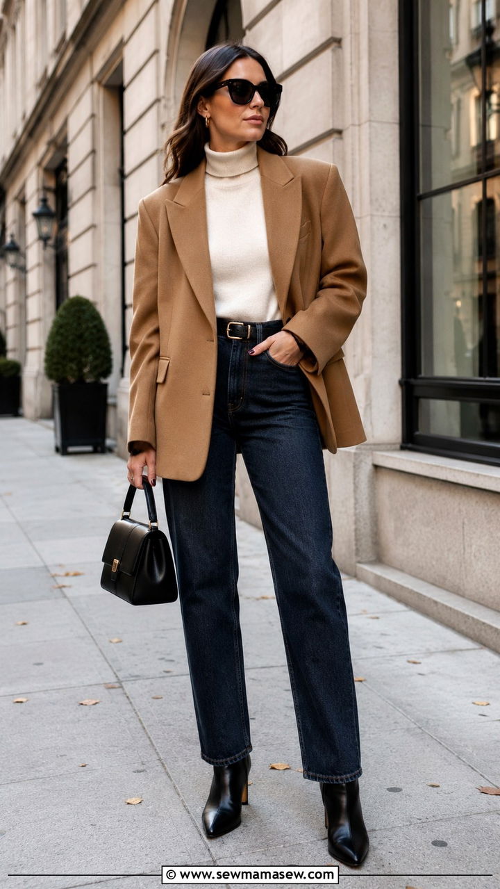 Camel blazer with straight leg jeans outfit - 30 Straight leg jeans outfit ideas with a blazer