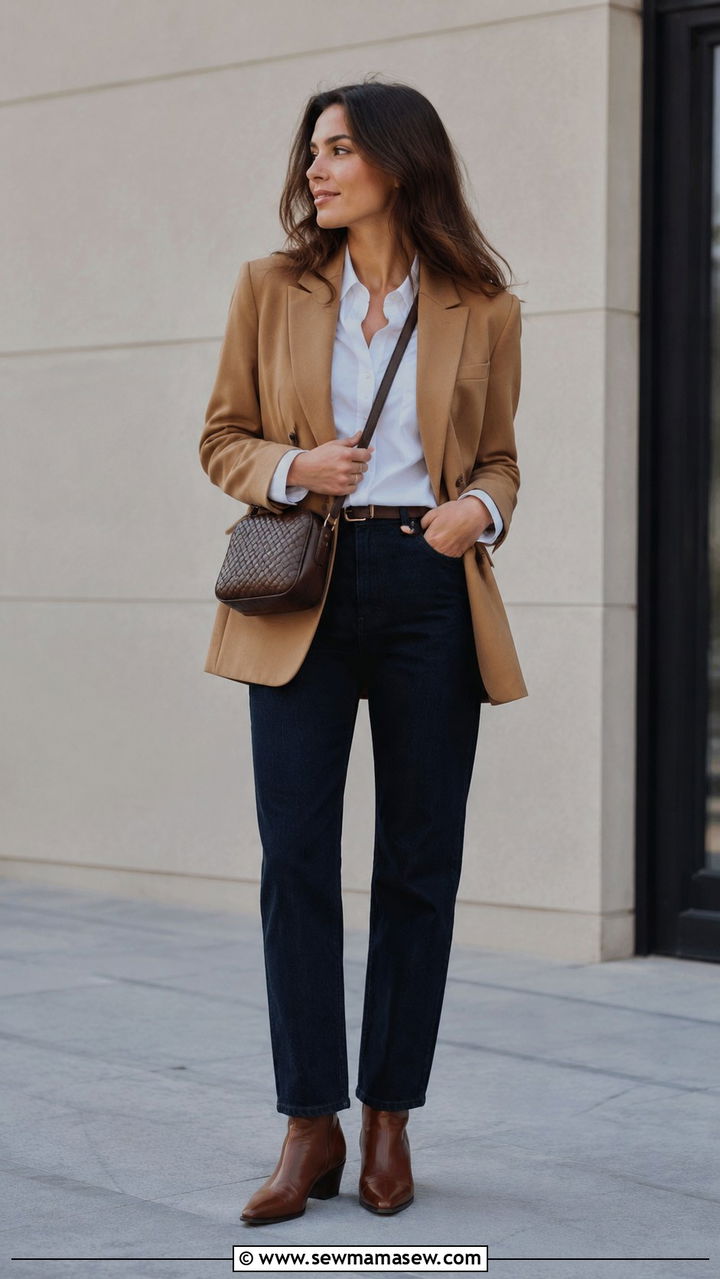 Camel blazer with white button down and straight leg jeans - 30 quiet luxury capsule wardrobe outfits