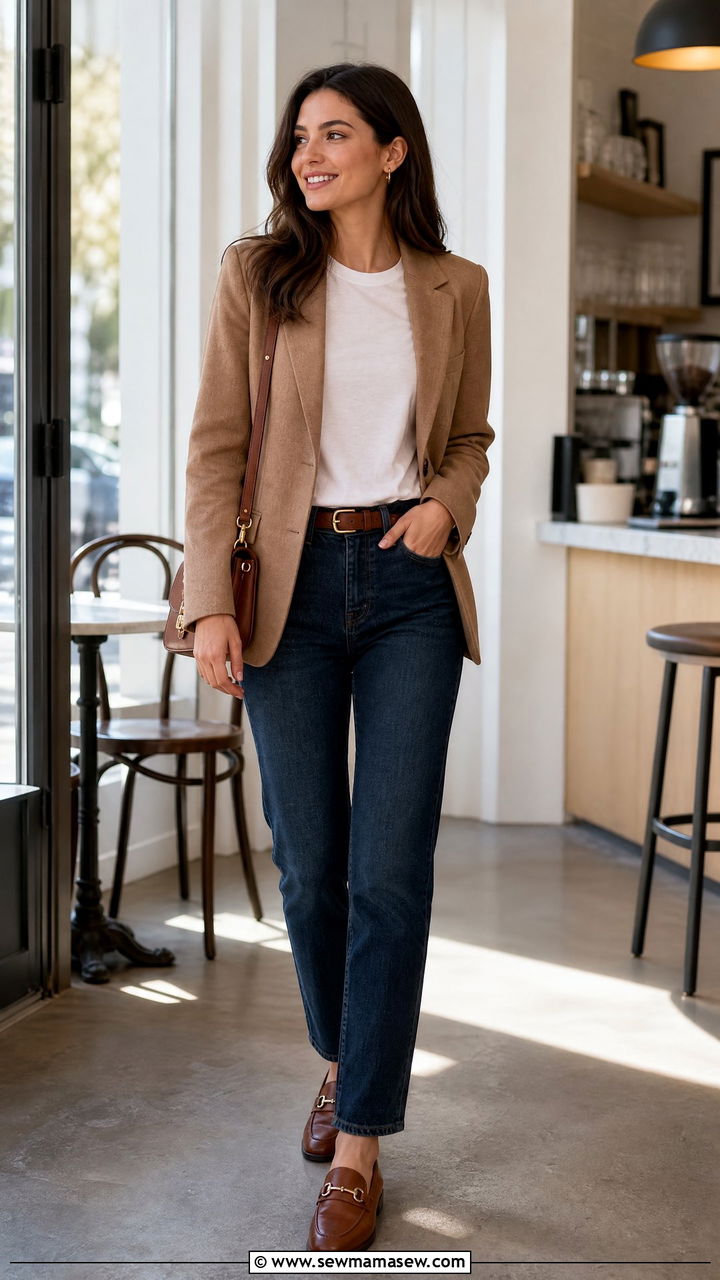 Camel blazer with white tee and dark wash jeans - 25 Business casual outfits with jeans