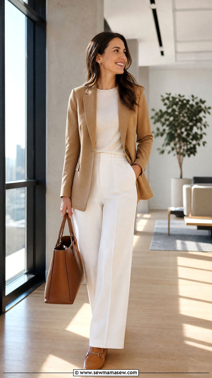 Camel blazer with white trousers spring office outfit - 40 Spring office outfit ideas
