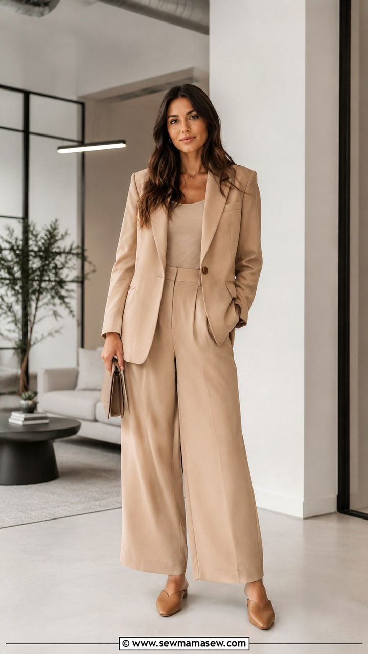 Camel blazer with wide leg trousers and mules - 25 Recruiter outfit ideas