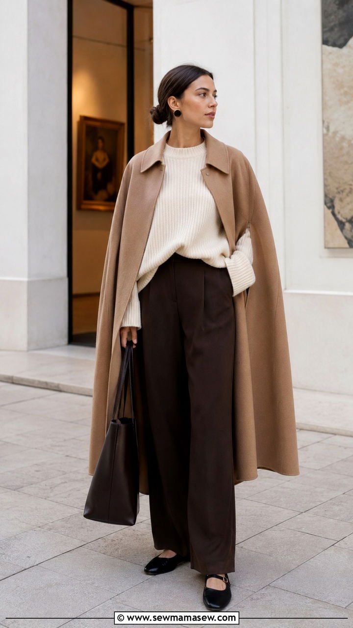 Camel cape coat with cream knit and dark trousers - 25 Old money outfit ideas with Mary Jane flats