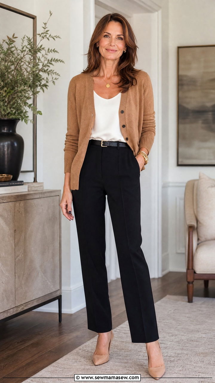 Camel cardigan with tailored trousers and pumps - 30 parisian outfit ideas for women over 40