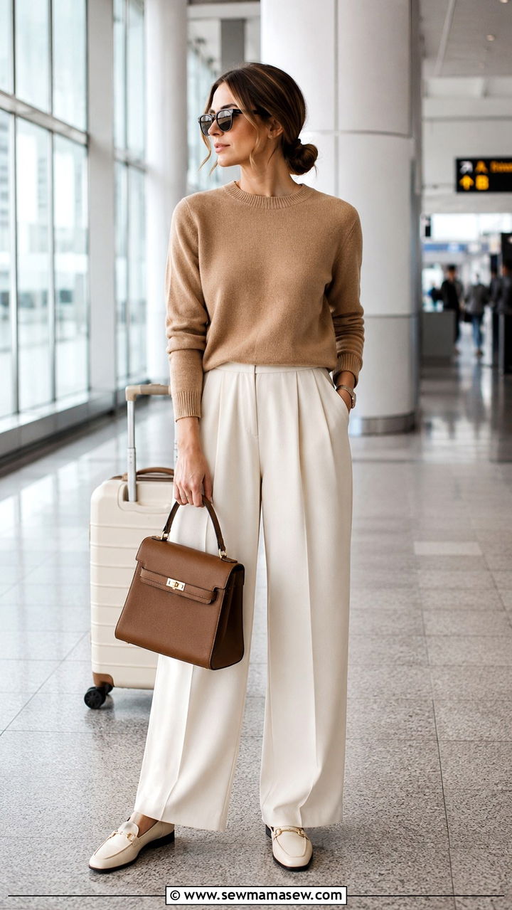 Camel cashmere crewneck with wide leg wool trousers - 30 Quiet luxury outfit ideas for airport