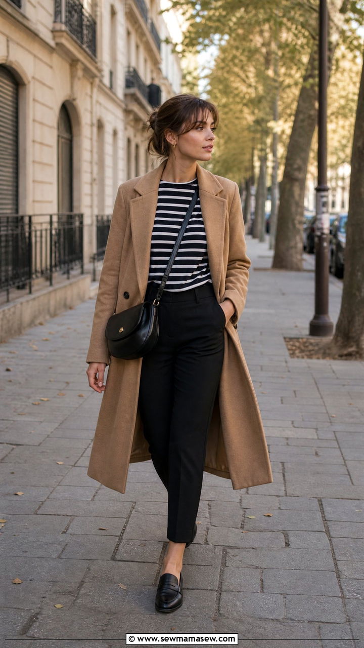Camel coat Breton shirt cigarette pants - 30 French girl outfit ideas for brunch