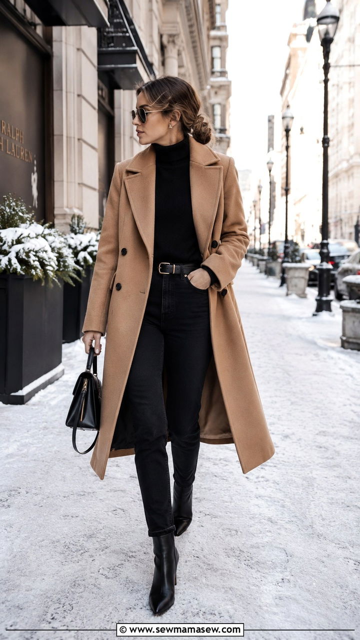 Camel coat and black jeans winter city outfit - 30 Save the date photo outfit ideas