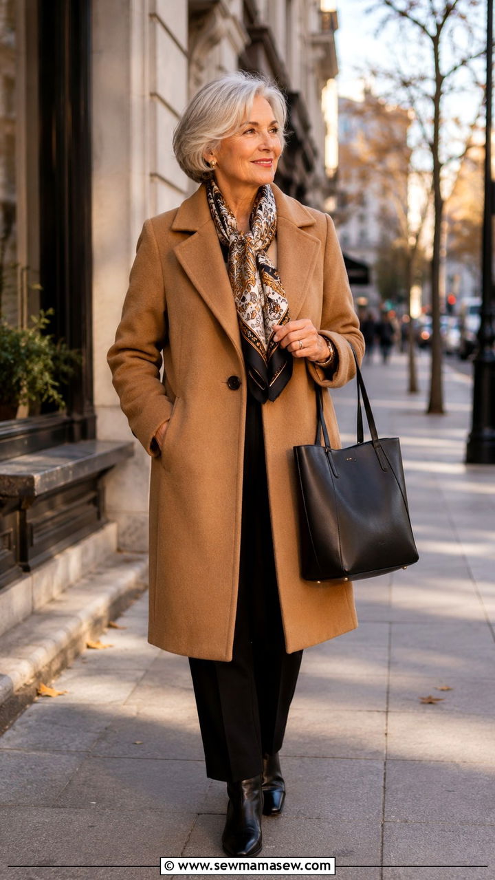 Camel coat and black straight pants outfit for women over 65 - 30 Outfit ideas for women over 65