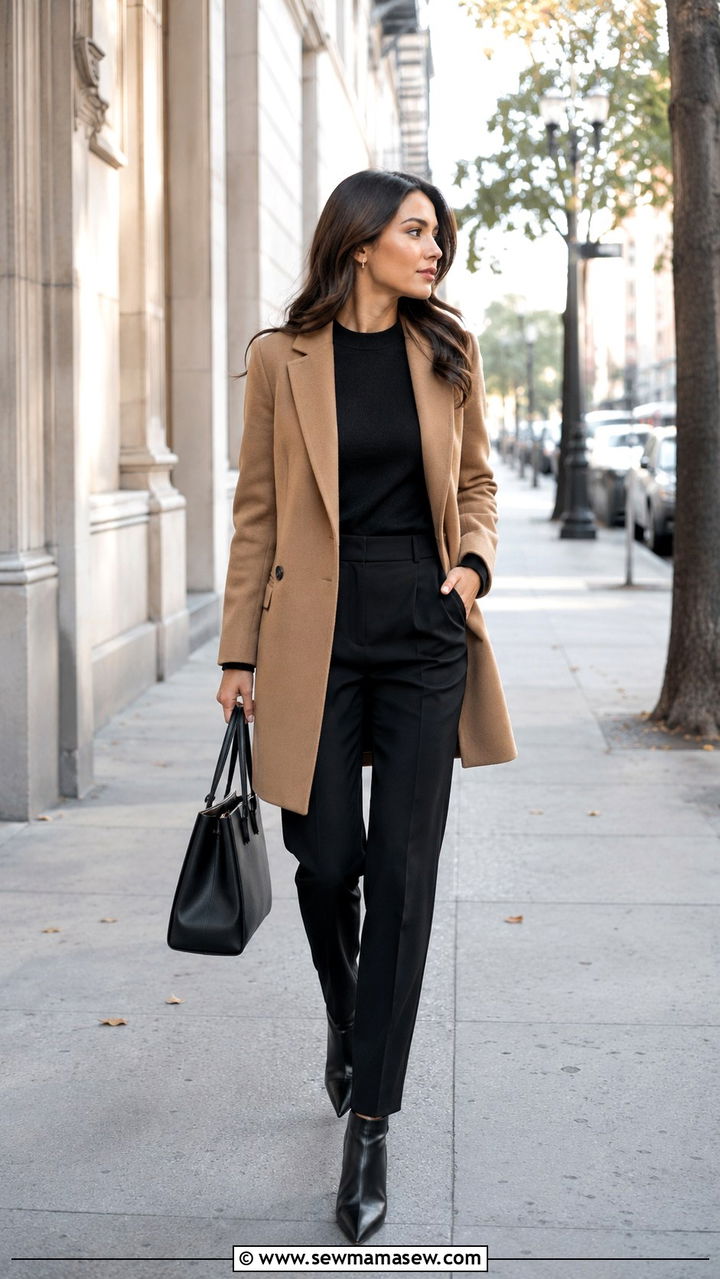 Camel coat and black tailored trousers - 30 Petite office outfit ideas