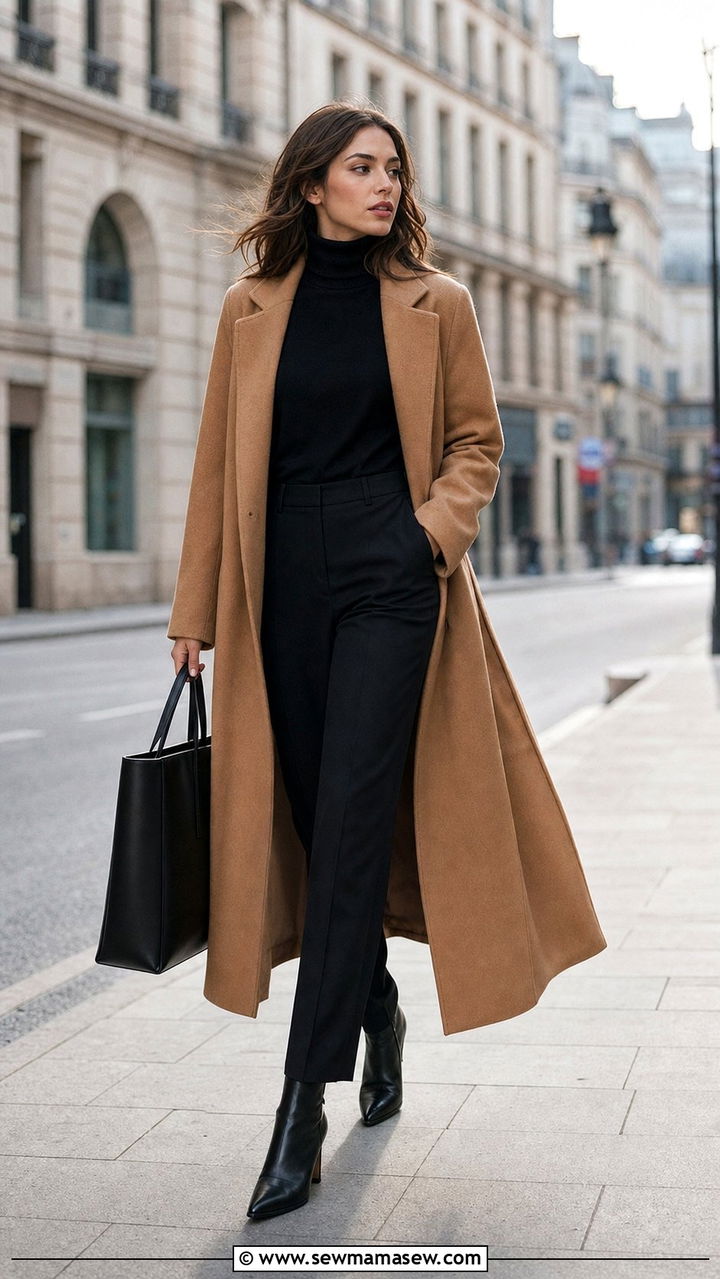 Camel coat and black trousers office - 25 Corporate outfit ideas 2026