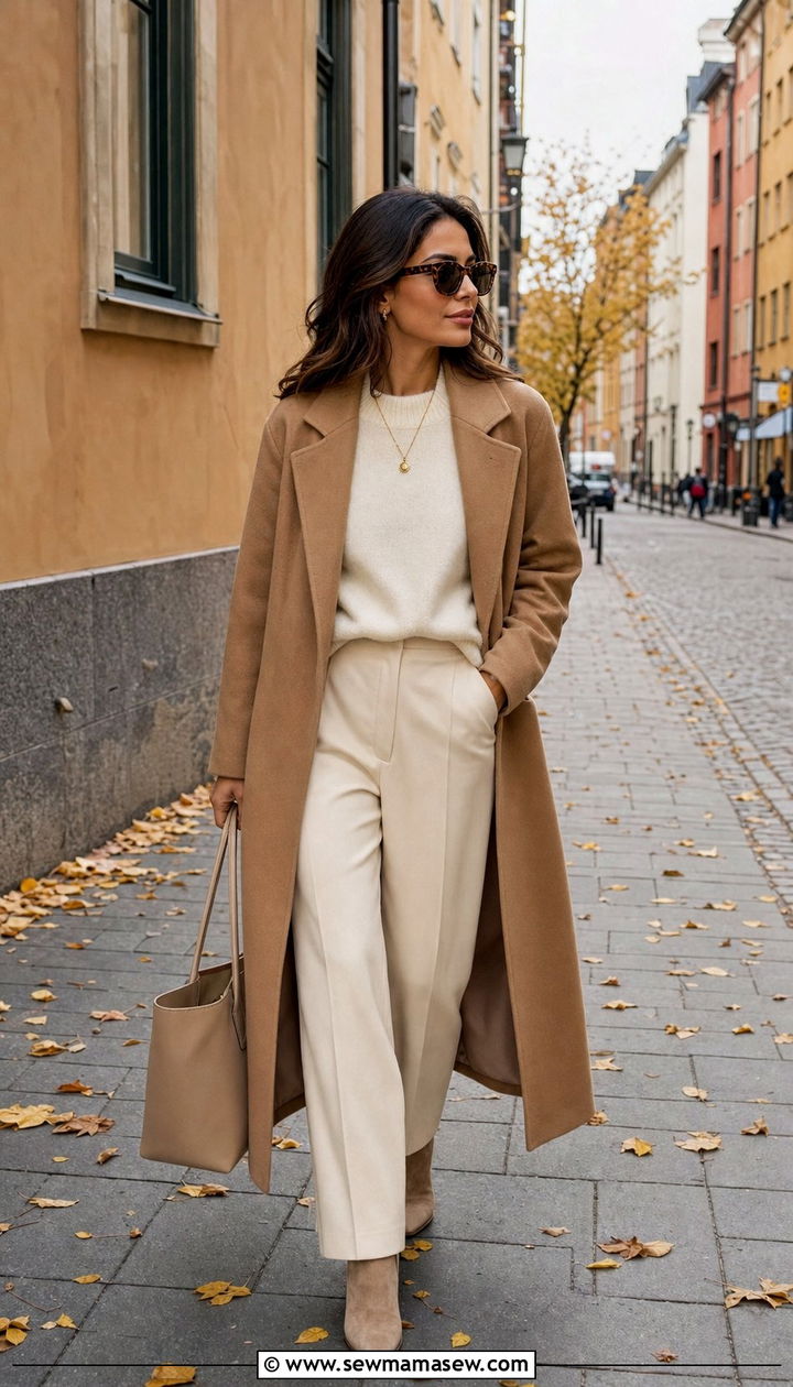 Camel coat and cream knit outfit - 25 Stockholm outfit ideas