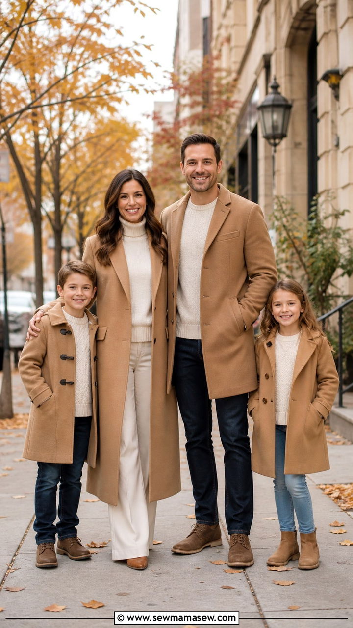 Camel coat and cream sweater family outfits - 40 Family photo outfit ideas