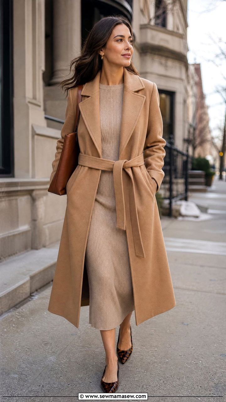 Camel coat and knit dress with pointed toe flats - 25 Business casual outfits with flats