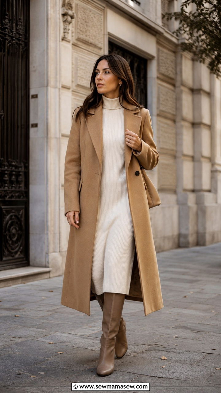 Camel coat and midi dress travel outfit - 25 Minimalist travel capsule wardrobe