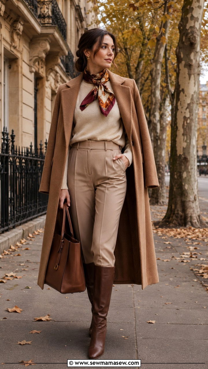 Camel coat and silk scarf pairing - 25 Old money outfit ideas with silk scarf
