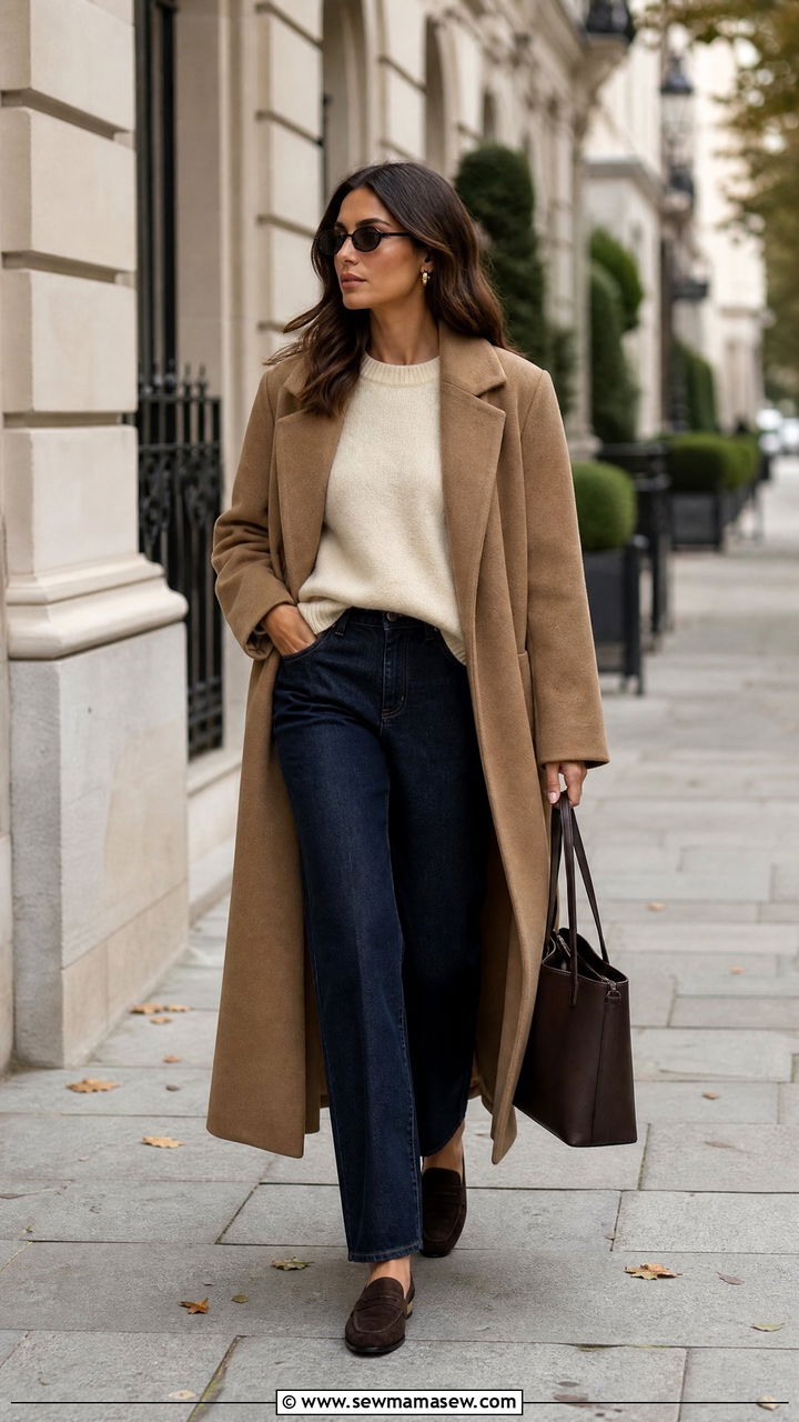 Camel coat and straight leg jeans with loafers - 25 Old money outfit ideas with loafers