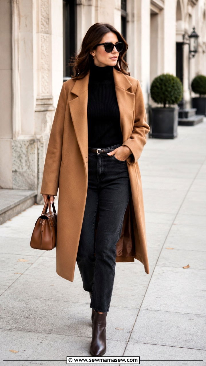 Camel coat and turtleneck sweater outfit - 30 transitional work outfit ideas