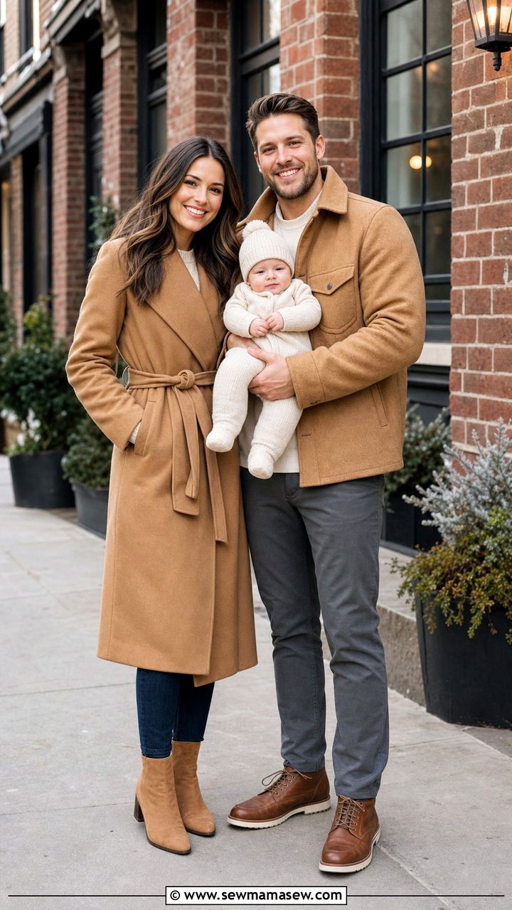 Camel coat layered family outfit for newborn cold weather - 25 Family photo outfit ideas with newborn