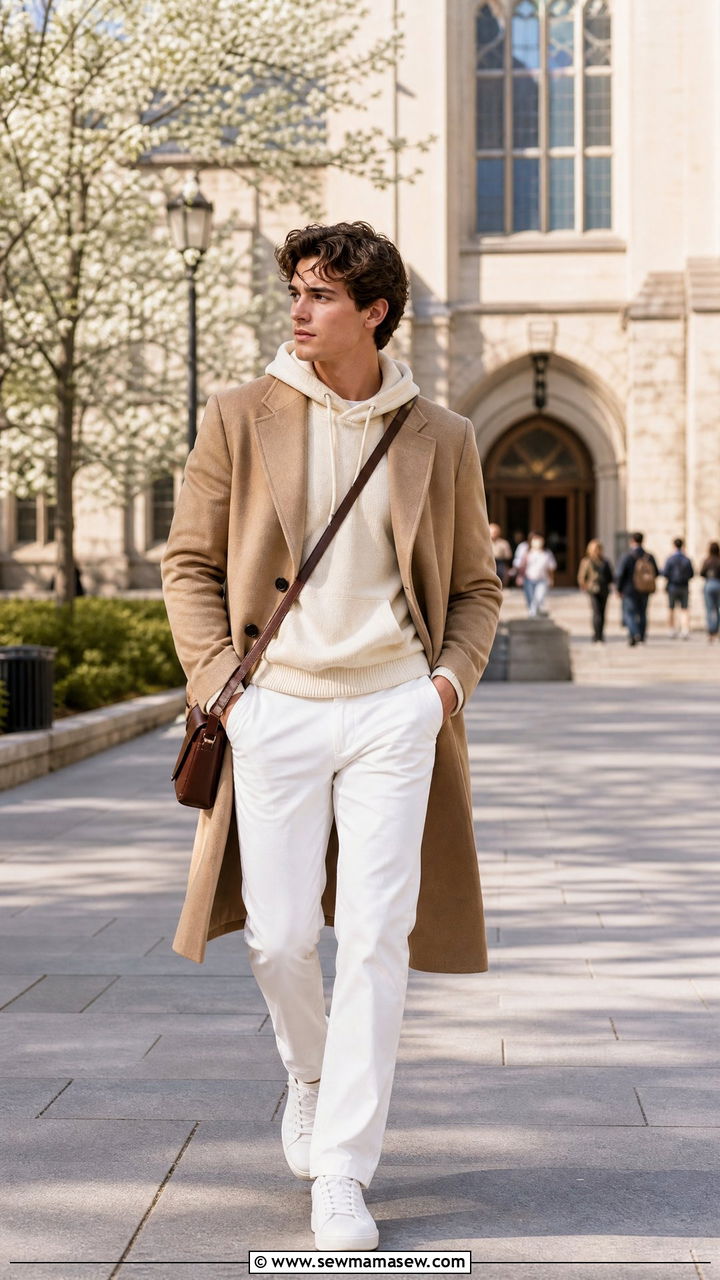 Camel coat over a cashmere hoodie and white jeans - 25 Old money outfit ideas for college