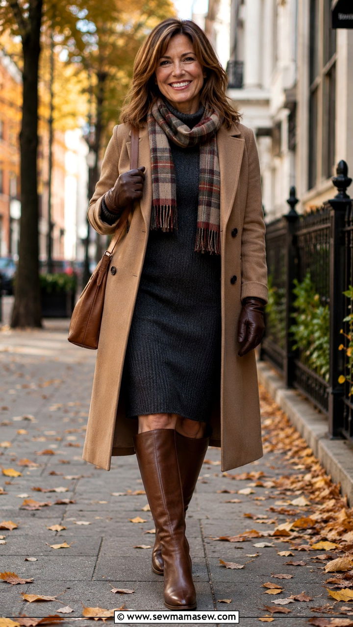Camel coat over a knit dress - 25 Modest outfits for women over 60
