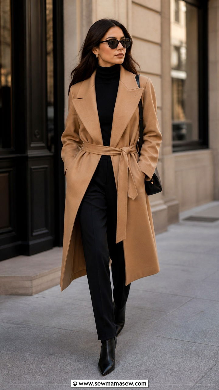 Camel coat over all black outfit - 40 office outfits