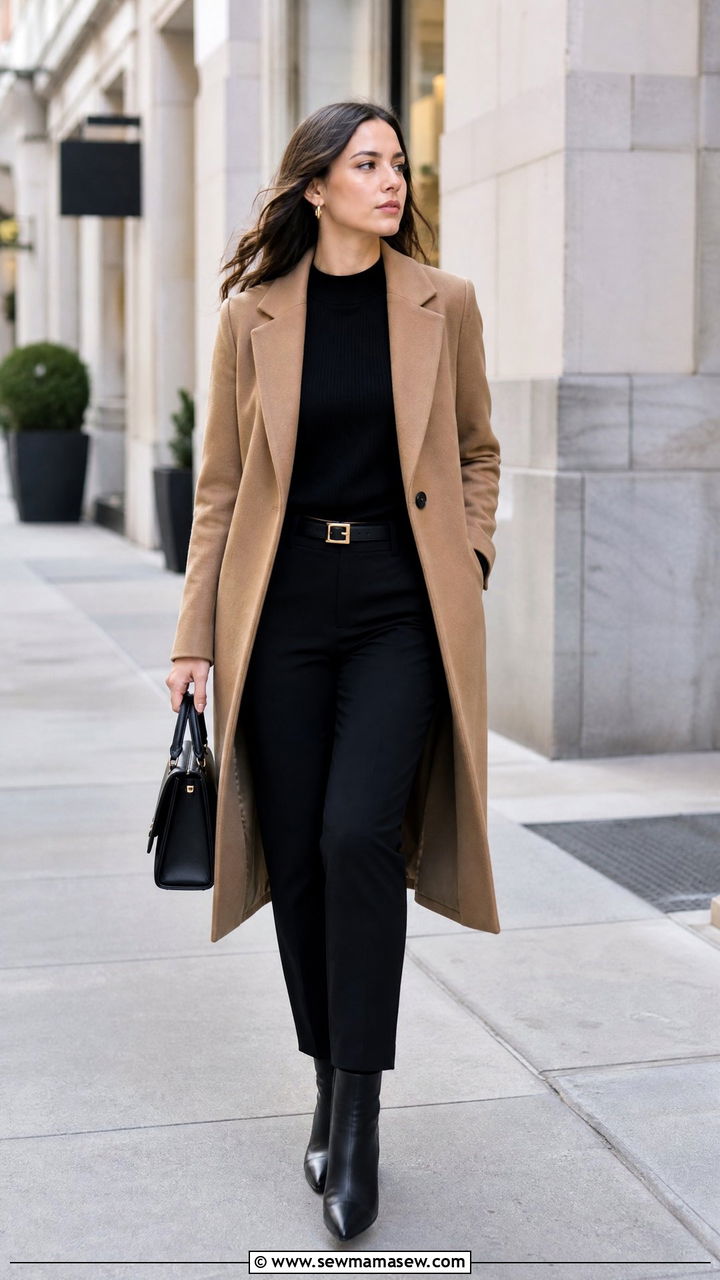 Camel coat over all black outfit - 35 Job interview outfits for women