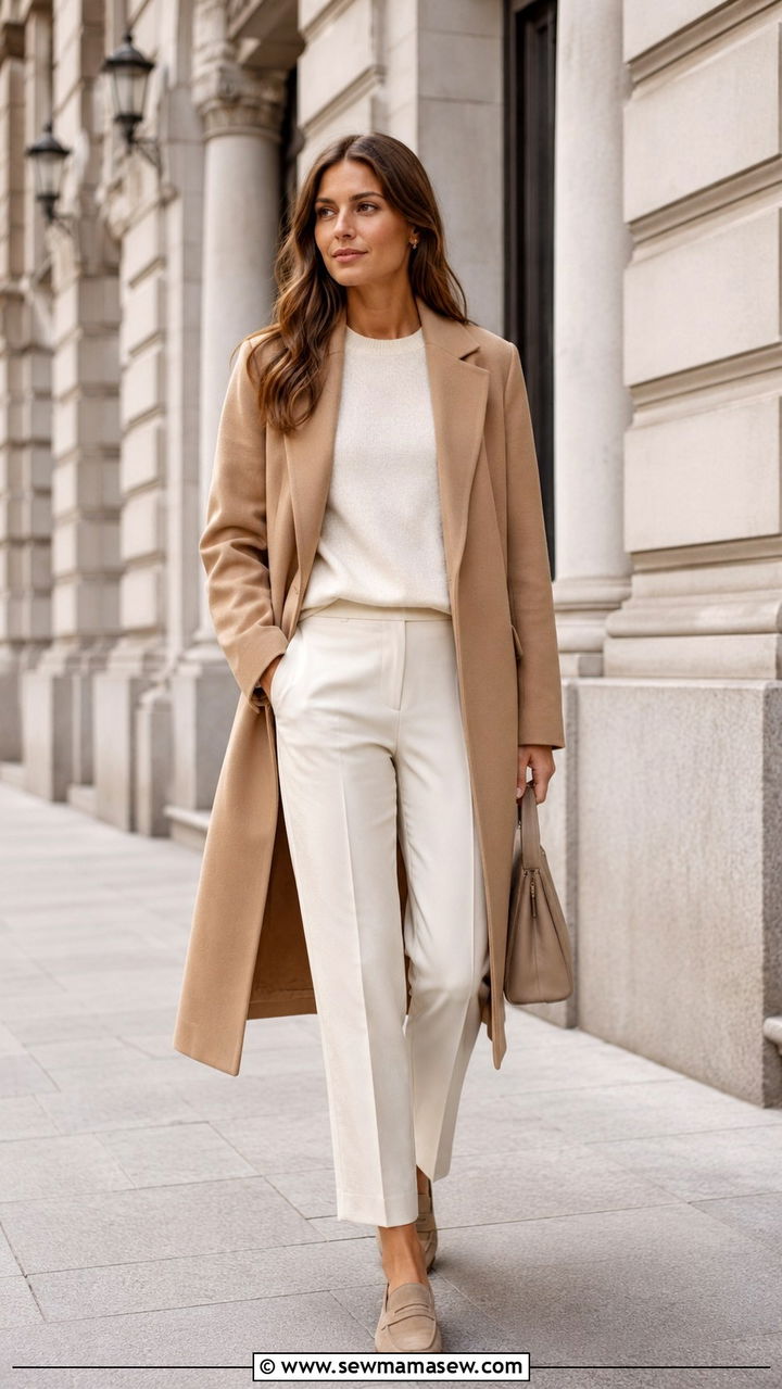 Camel coat over all cream outfit - 30 scandinavian capsule wardrobe outfits