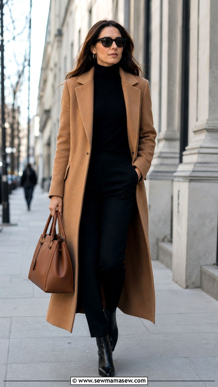Camel coat over black turtleneck outfit - 30 Law firm outfit ideas