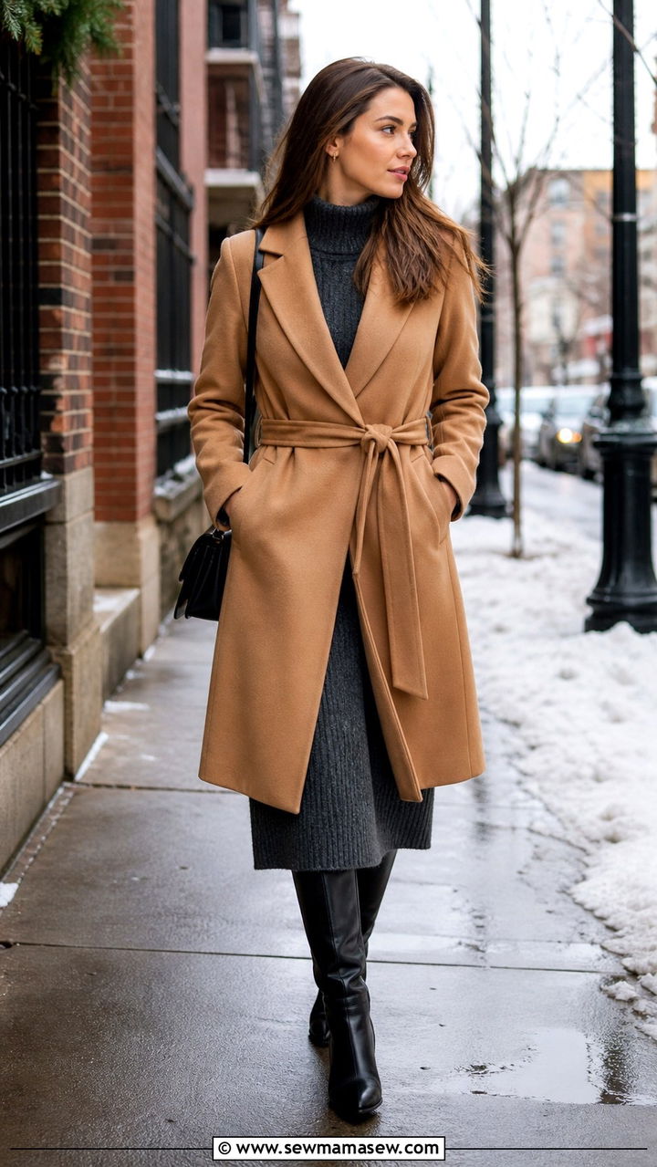 Camel coat over knit dress - 40 classy office outfits