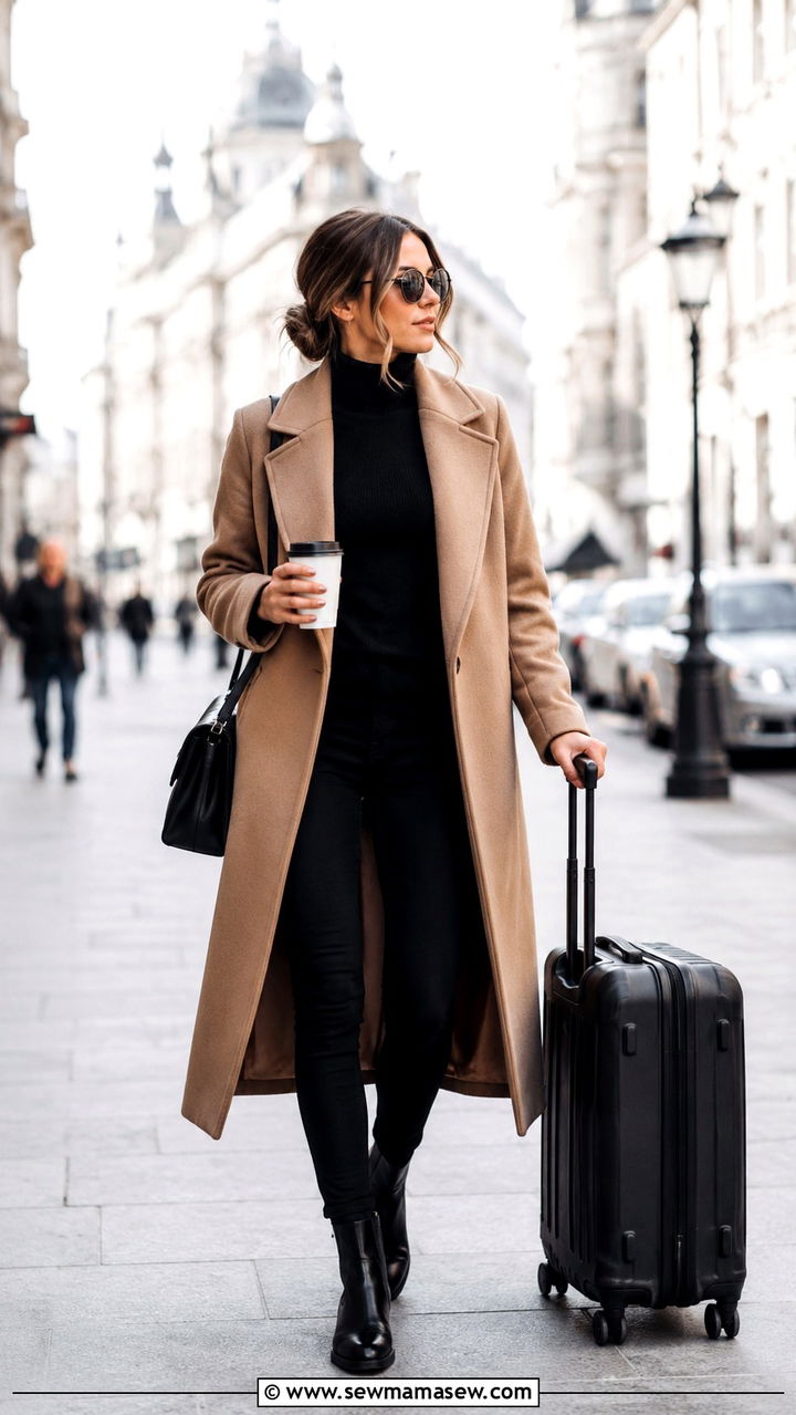 Camel coat over monochrome black base travel outfit - 30 Minimalist outfit ideas for travel