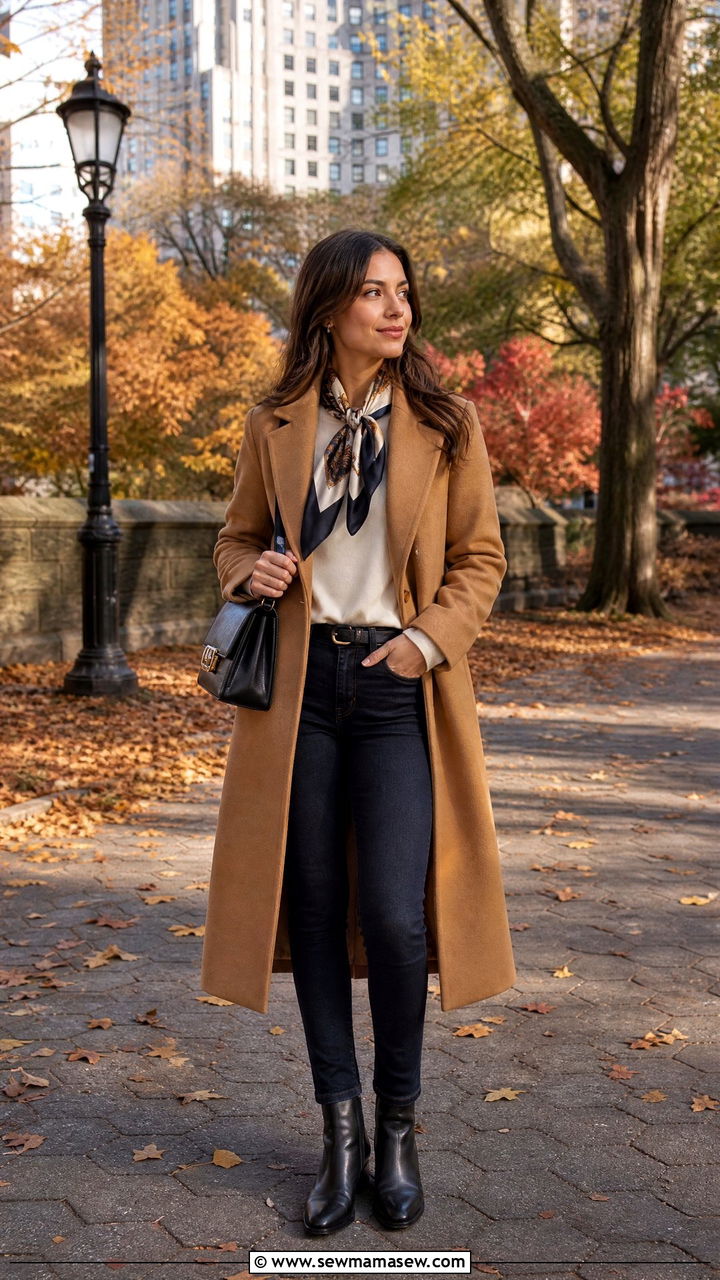 Camel coat slim jeans and ankle boots - 25 French girl outfit ideas for travel