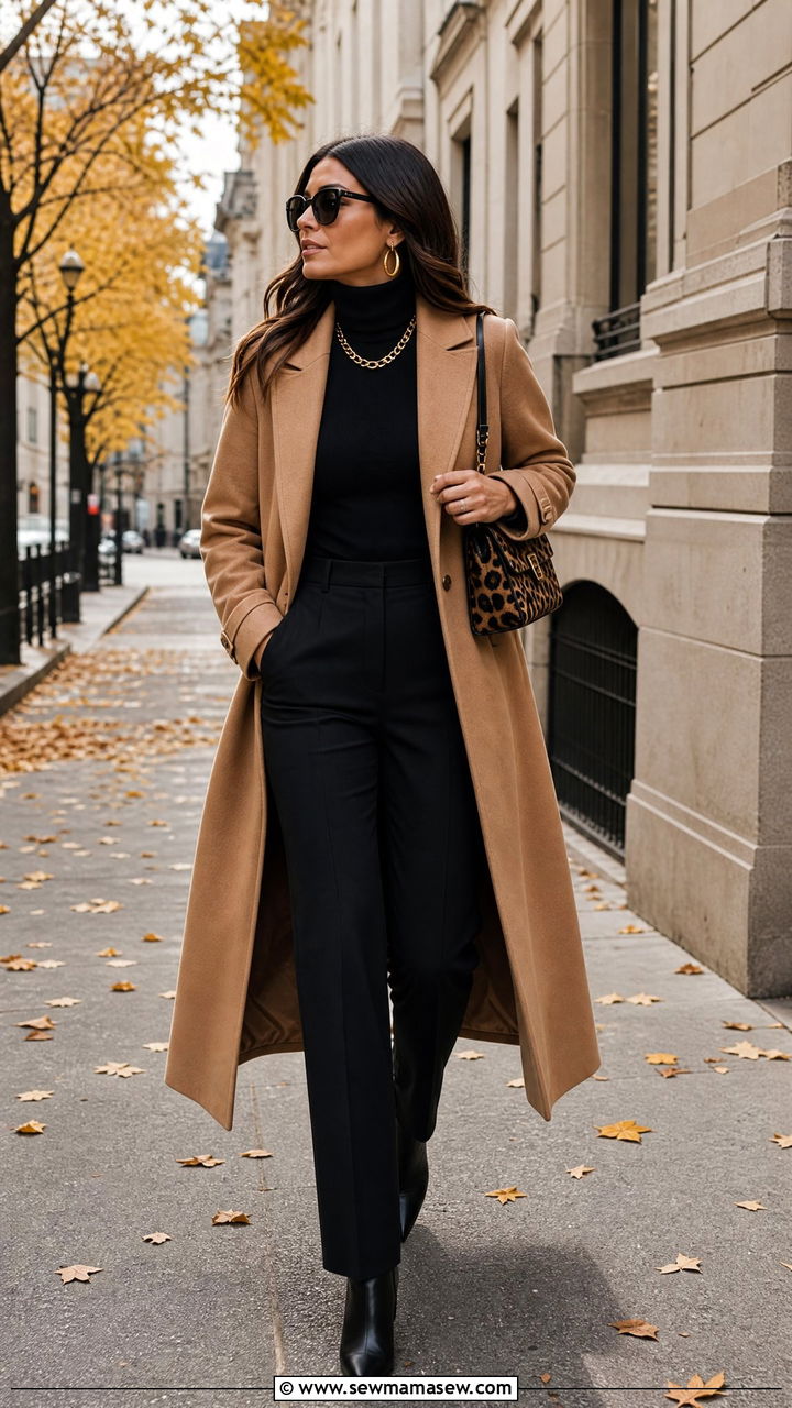 Camel coat with all black base and leopard bag - 35 Mob wife outfit ideas