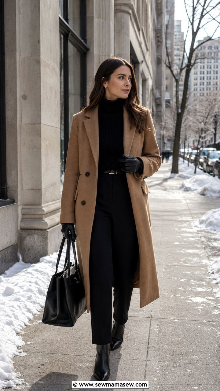 Camel coat with all black outfit and leather gloves - 30 Legal intern outfit ideas