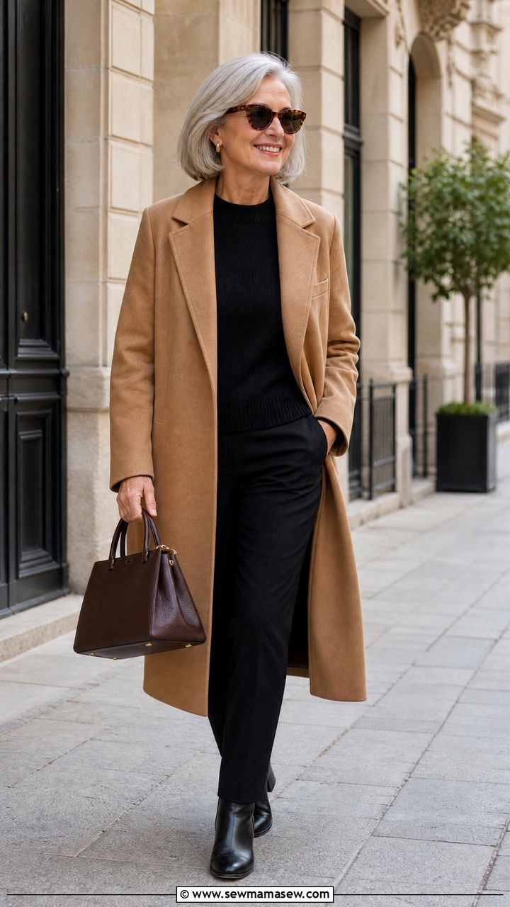 Camel coat with all black outfit - 30 French girl outfit ideas for women over 60