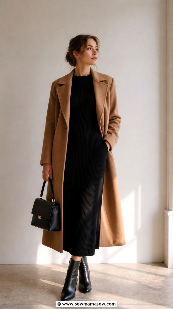 Camel coat with black dress and ankle boots outfit - 40 light academia outfits