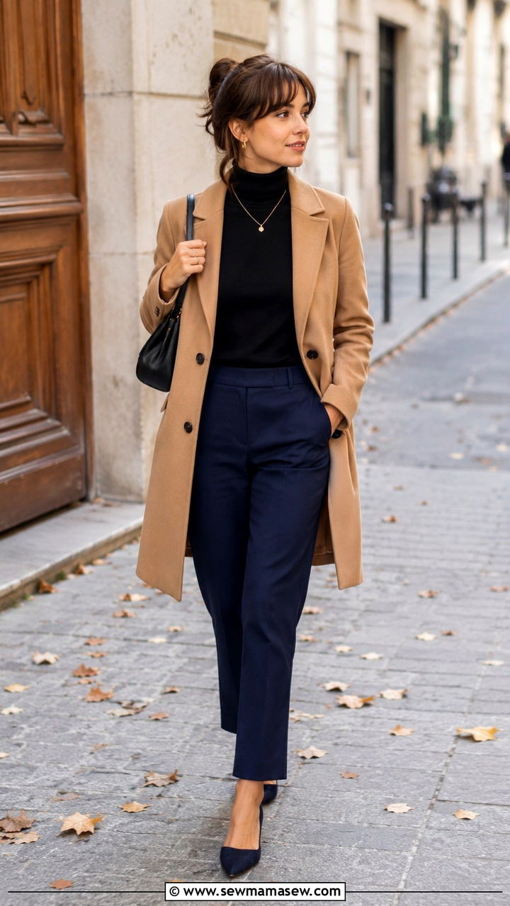 Camel coat with black turtleneck and straight pants - 25 Petite French girl outfit ideas