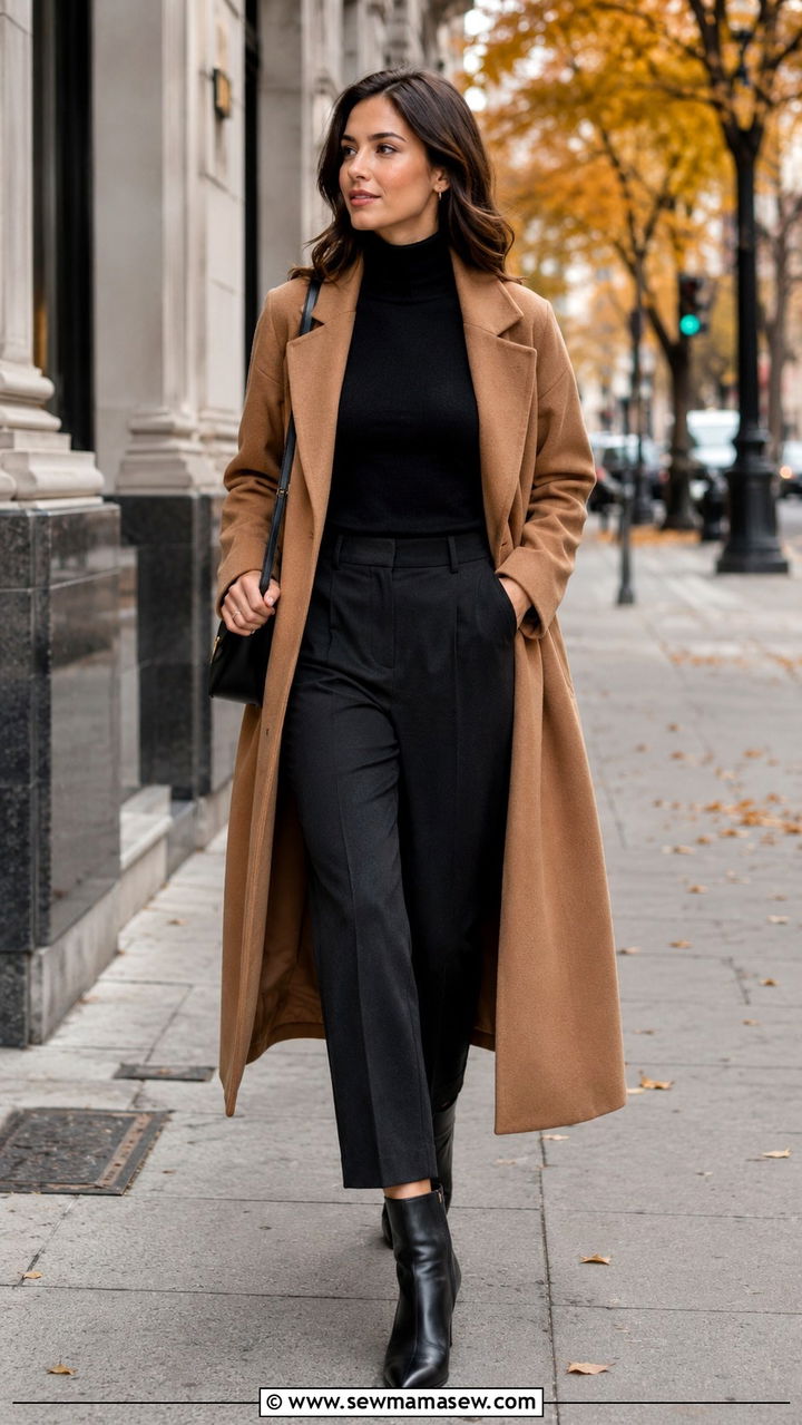 Camel coat with black turtleneck outfit - 30 Old money outfit ideas 2026